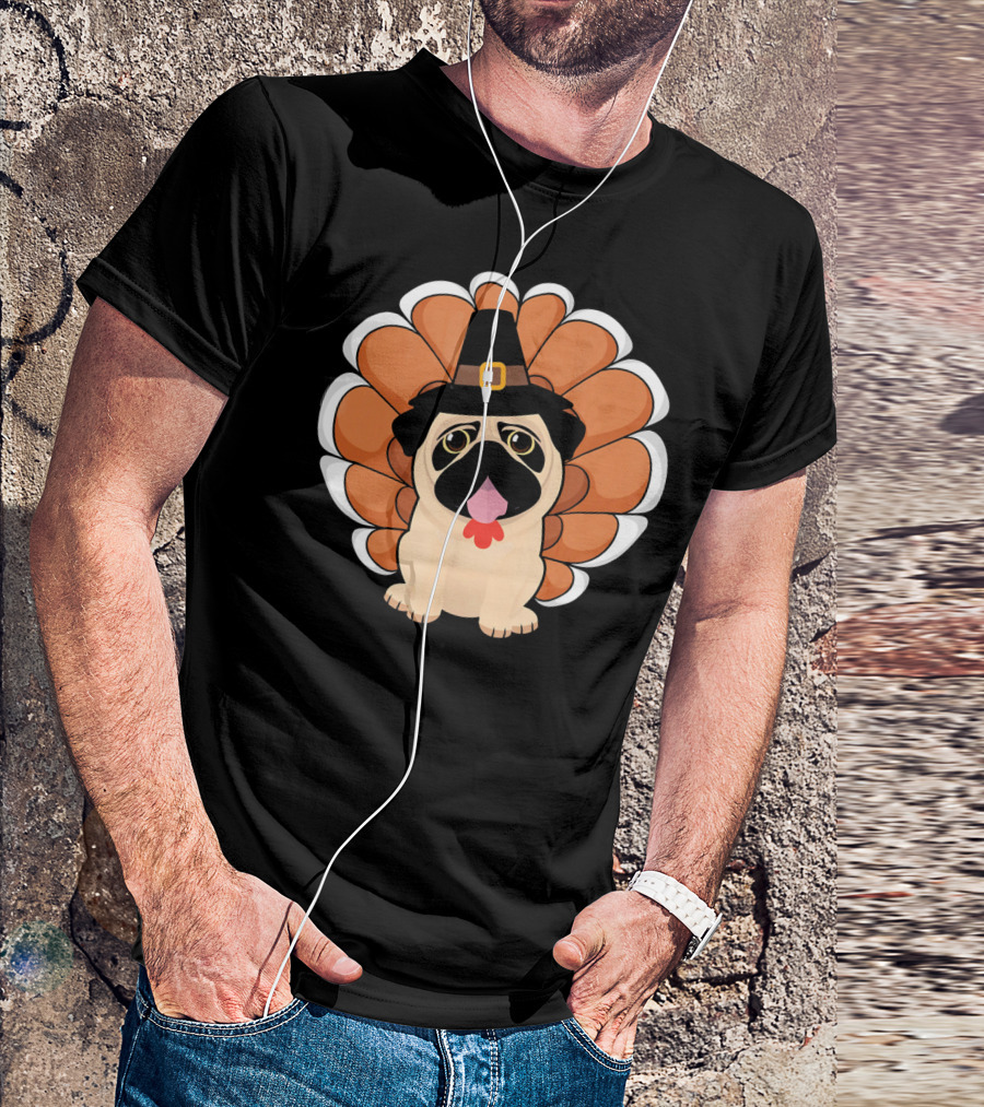 Thanksgiving Pilgrim Hat Pug With Turkey Feathers T-Shirt