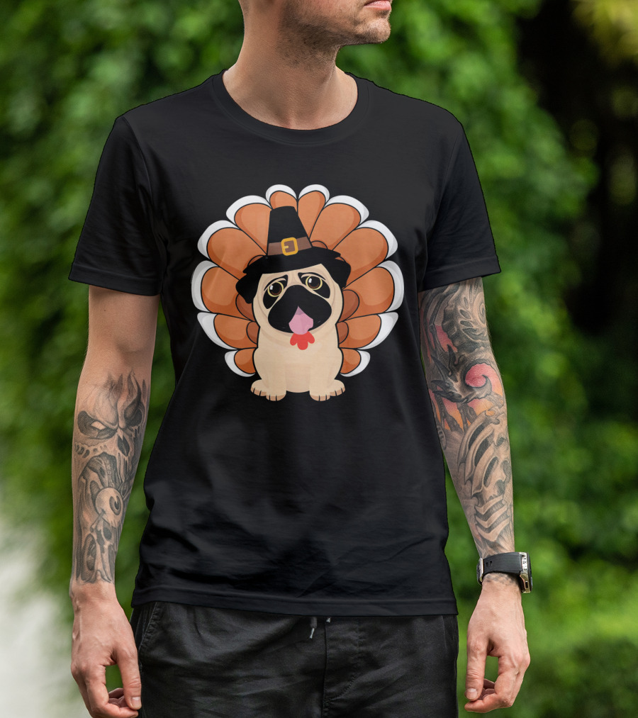 Thanksgiving Pilgrim Hat Pug With Turkey Feathers T-Shirt