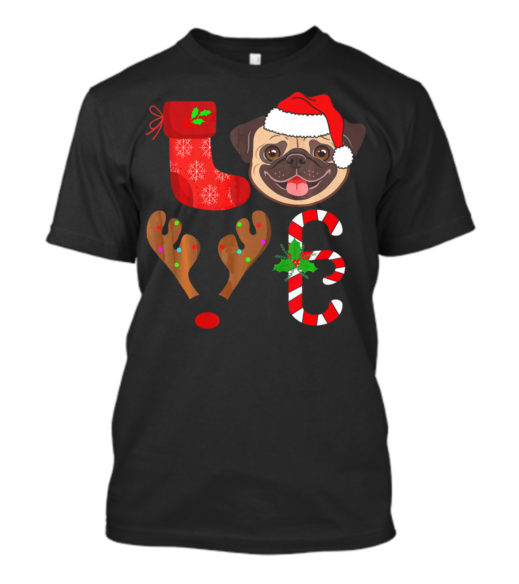 Funny I Love My Pug Christmas Pug Rudolph Reindeer Candy Cane Santa Hat T-Shirt