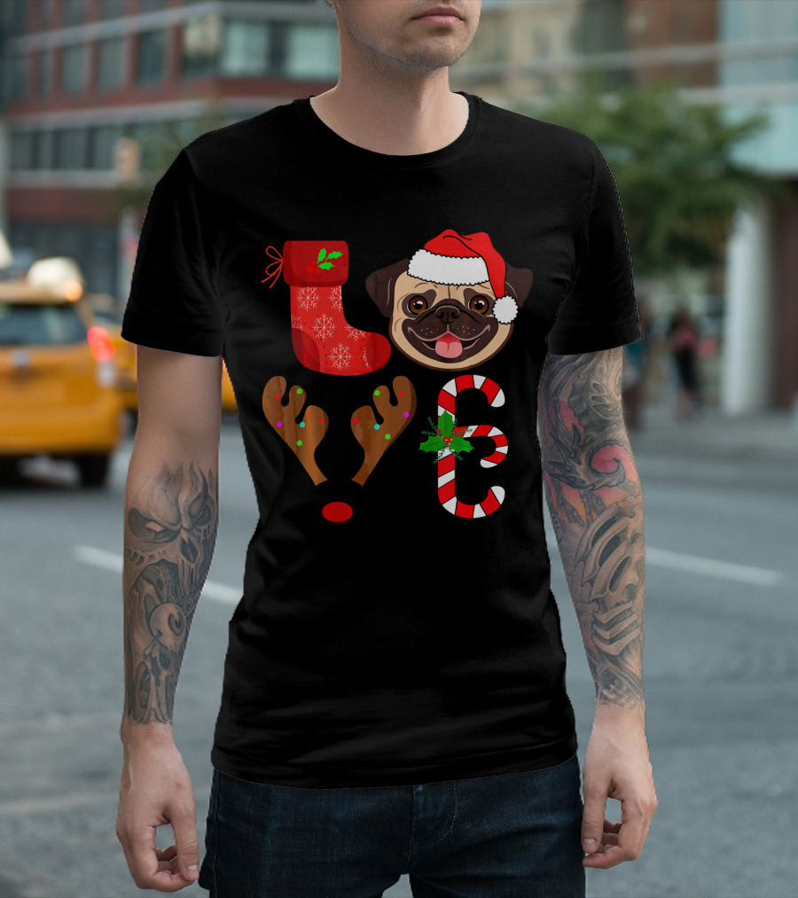 Funny I Love My Pug Christmas Pug Rudolph Reindeer Candy Cane Santa Hat T-Shirt