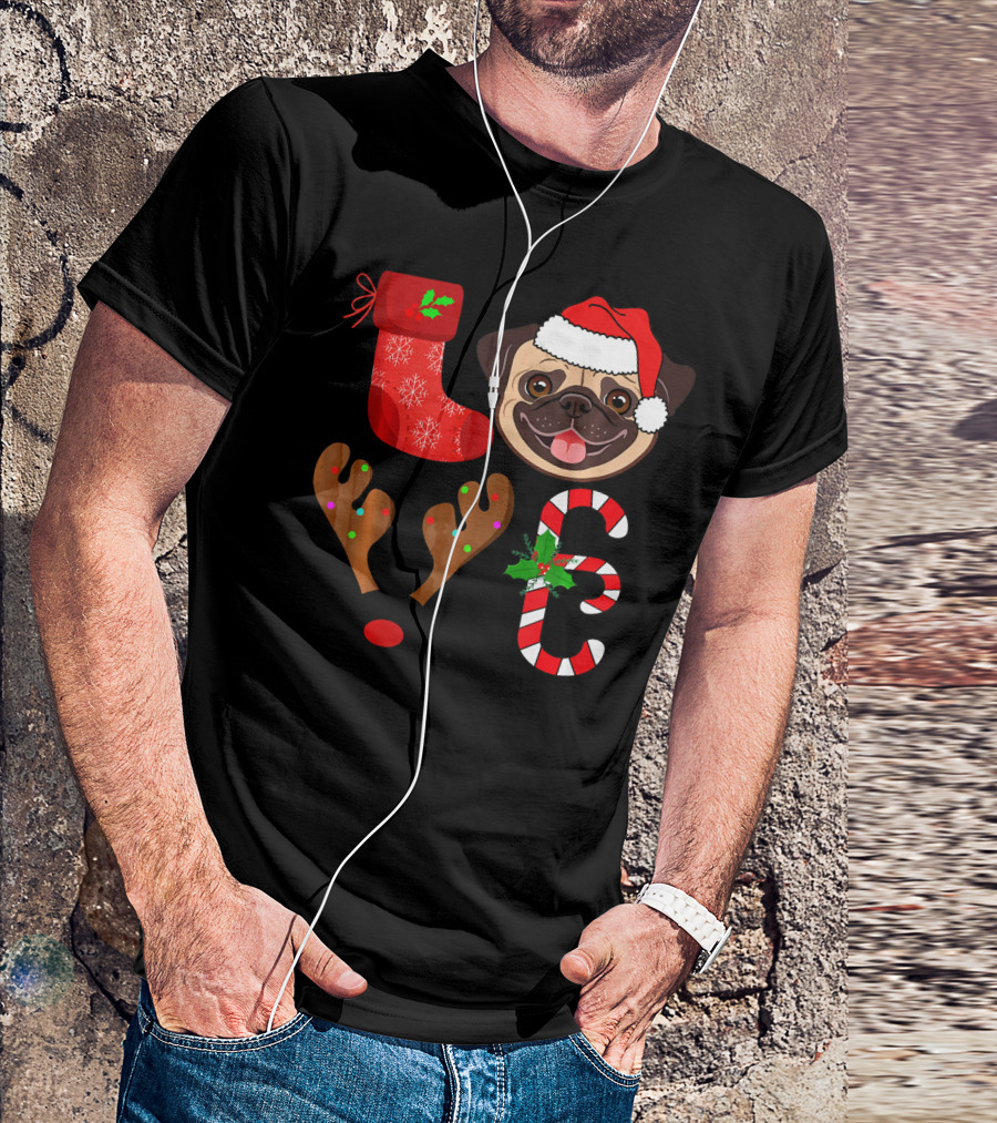 Funny I Love My Pug Christmas Pug Rudolph Reindeer Candy Cane Santa Hat T-Shirt
