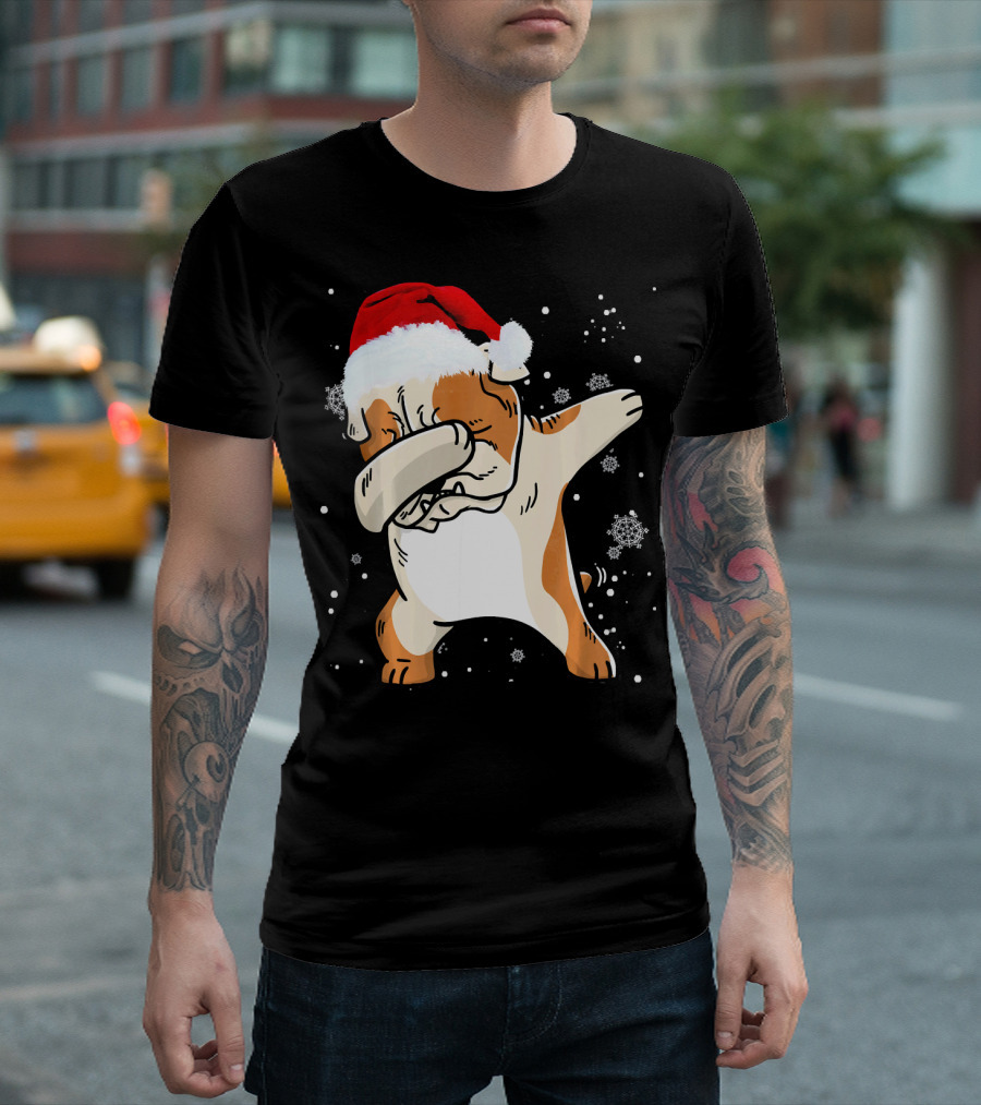 English Bulldog Dabbing Santa Christmas Snowflakes T-Shirt