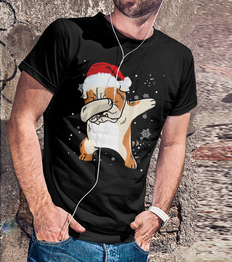 English Bulldog Dabbing Santa Christmas Snowflakes T-Shirt