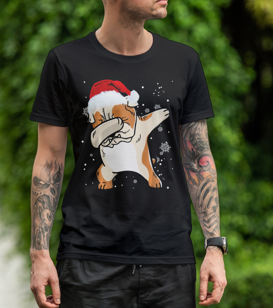 English Bulldog Dabbing Santa Christmas Snowflakes T-Shirt