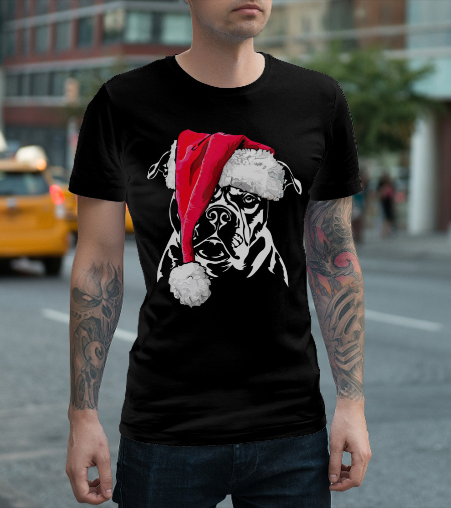 Funny Olde English Bulldog with Santa Hat T-Shirt