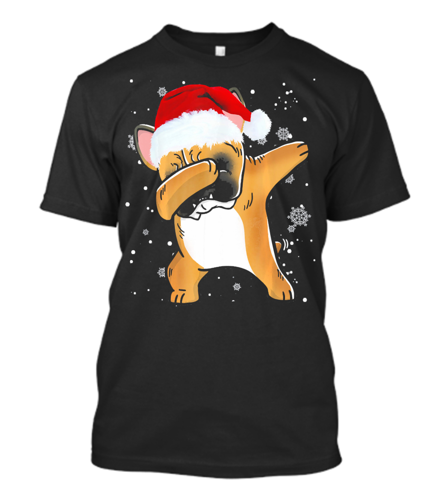 Fawn French Bulldog Dabbing Santa Hat Snowflakes T-Shirt