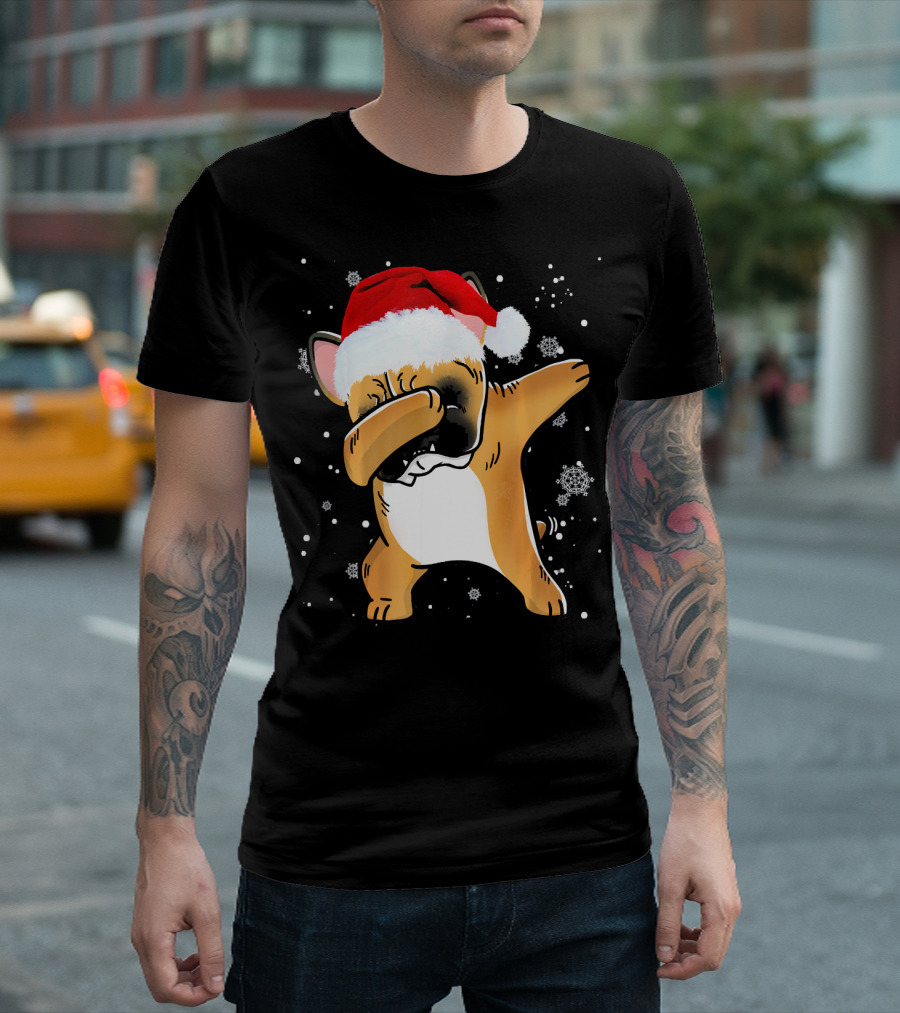 Fawn French Bulldog Dabbing Santa Hat Snowflakes T-Shirt