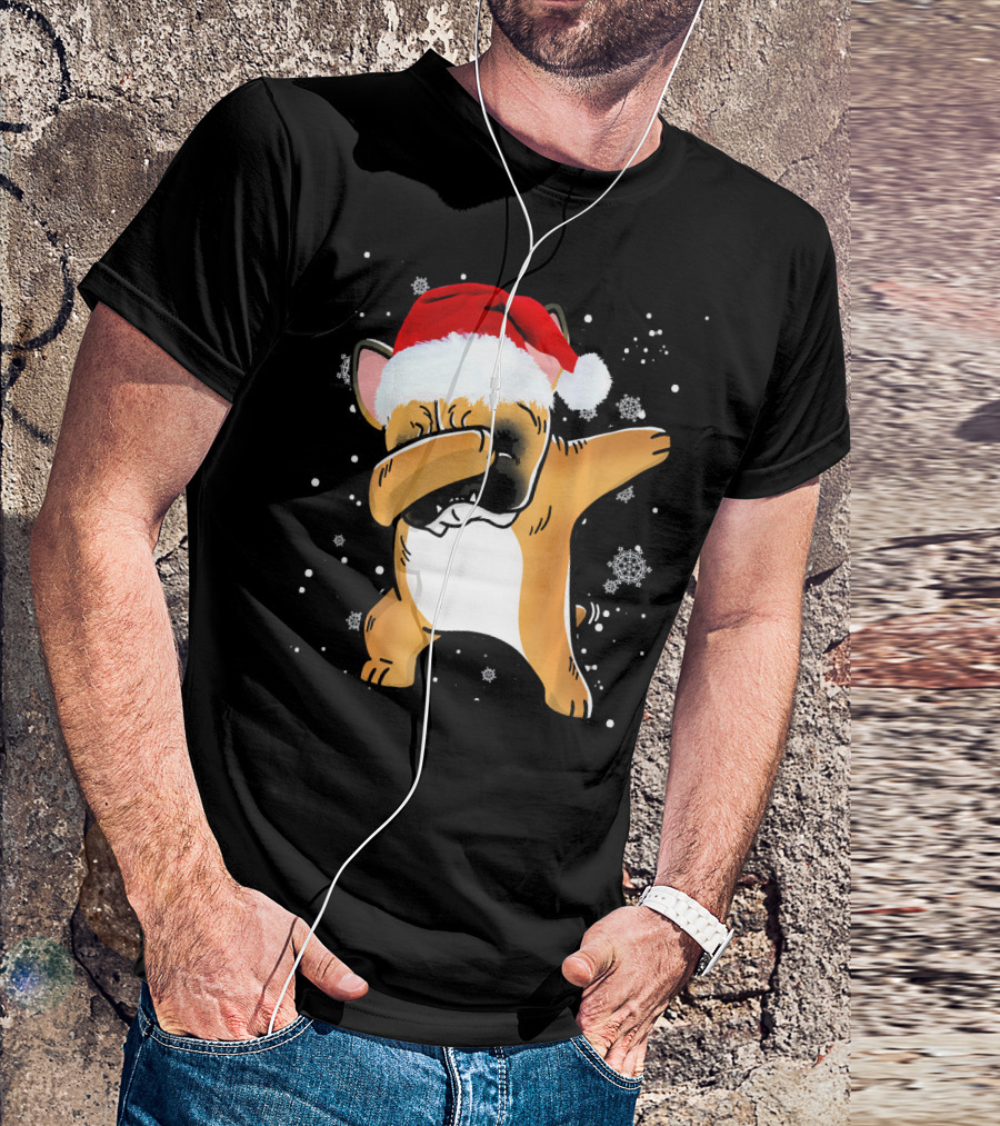 Fawn French Bulldog Dabbing Santa Hat Snowflakes T-Shirt