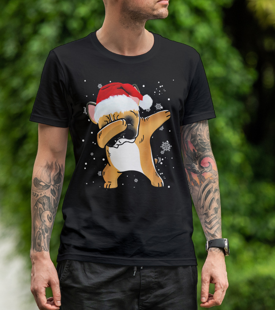 Fawn French Bulldog Dabbing Santa Hat Snowflakes T-Shirt