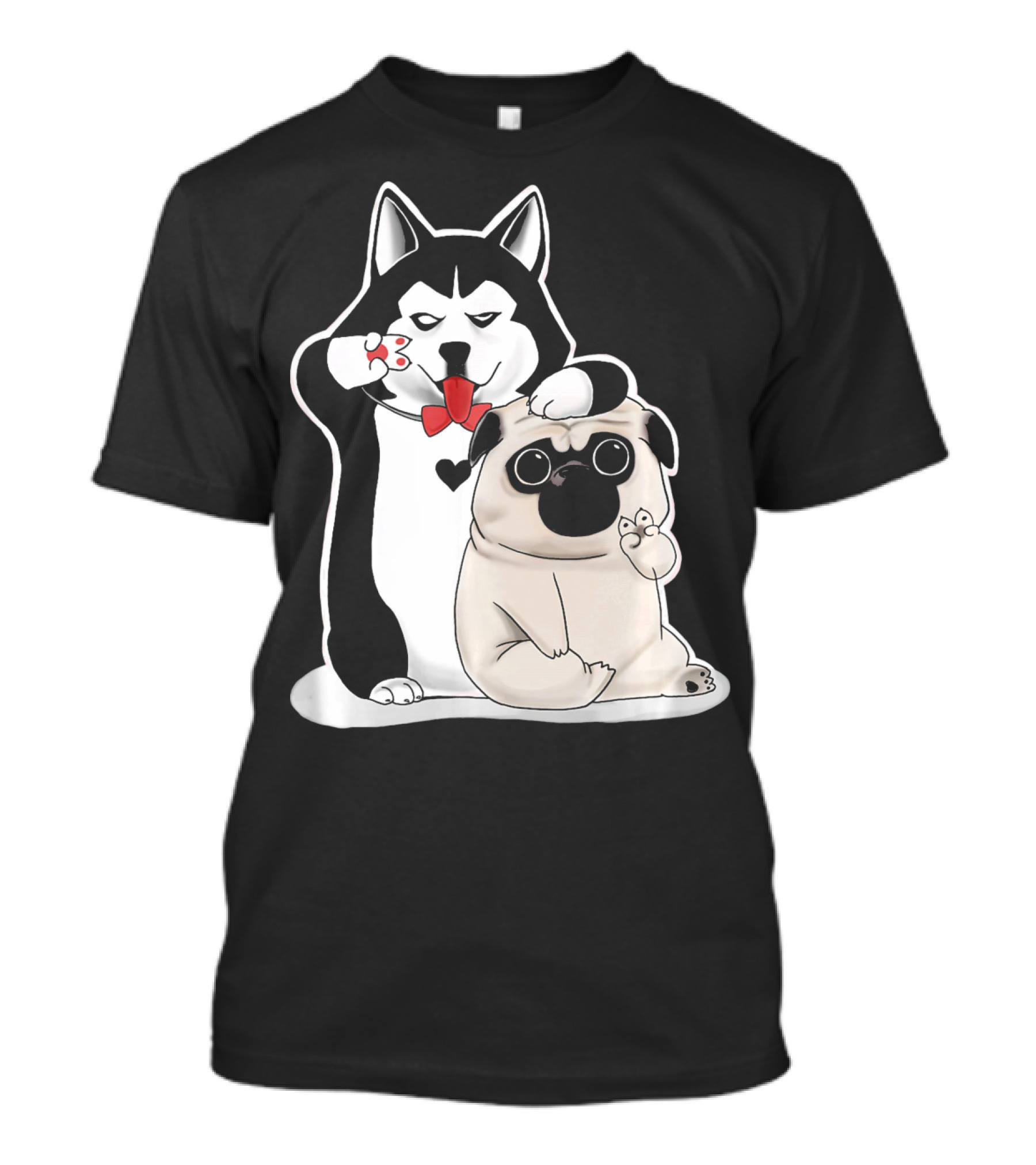 Funny Pug And Husky With Red Bow Tie And Heart Paws T-Shirt