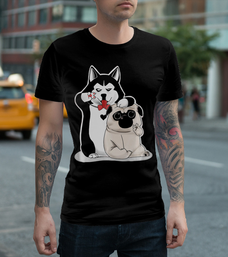 Funny Pug And Husky With Red Bow Tie And Heart Paws T-Shirt