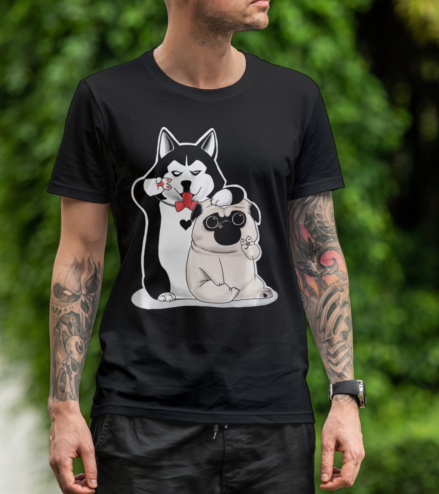 Funny Pug And Husky With Red Bow Tie And Heart Paws T-Shirt