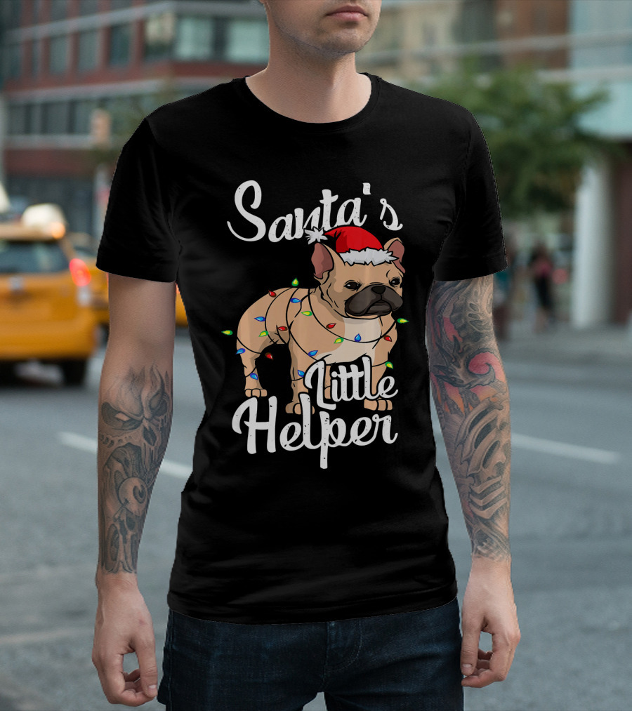 Santa's Little Helper Frenchie Dog Christmas Lights T-Shirt