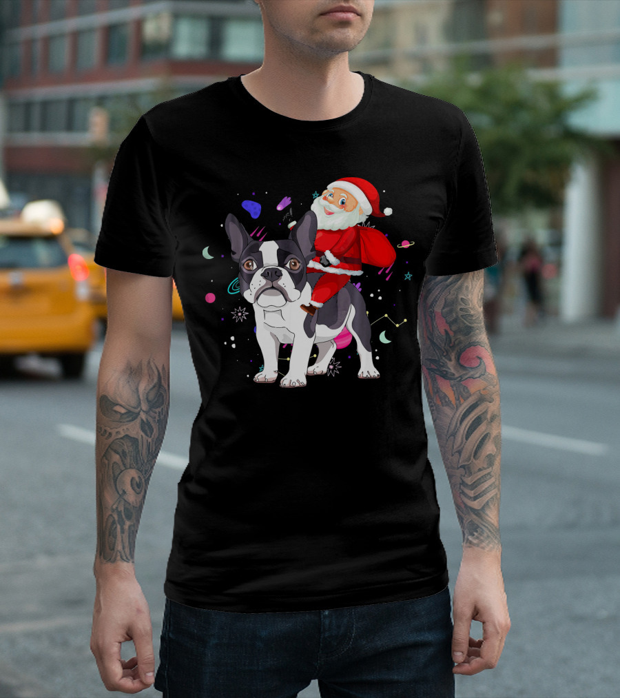 Funny Christmas Santa Riding French Bull with Cosmic Background T-Shirt