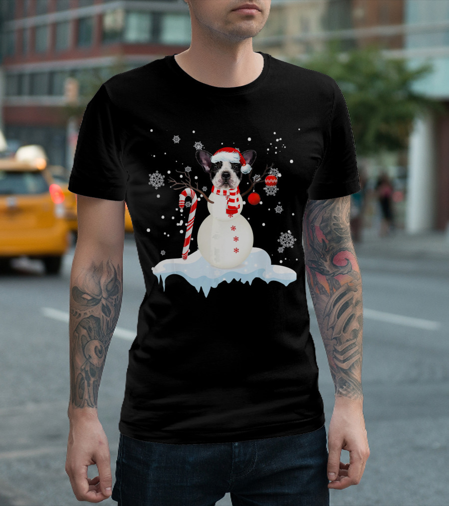 French Bulldog Snowman With Red Santa Hat And Candy Cane On Winter Snowflakes Background T-Shirt