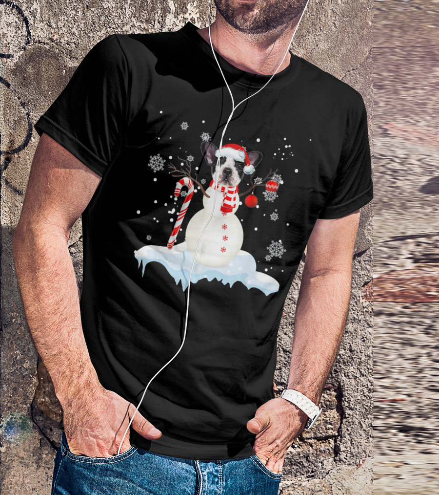 French Bulldog Snowman With Red Santa Hat And Candy Cane On Winter Snowflakes Background T-Shirt