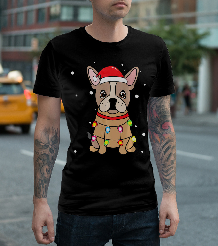 French Bulldog with Santa Hat and Christmas Lights T-Shirt