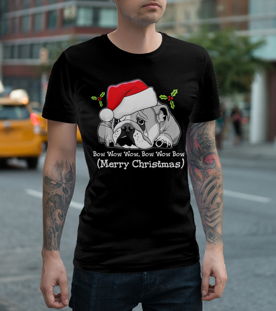 Merry Christmas Funny English Bulldog Santa Hat Bow Wow Wow T-Shirt