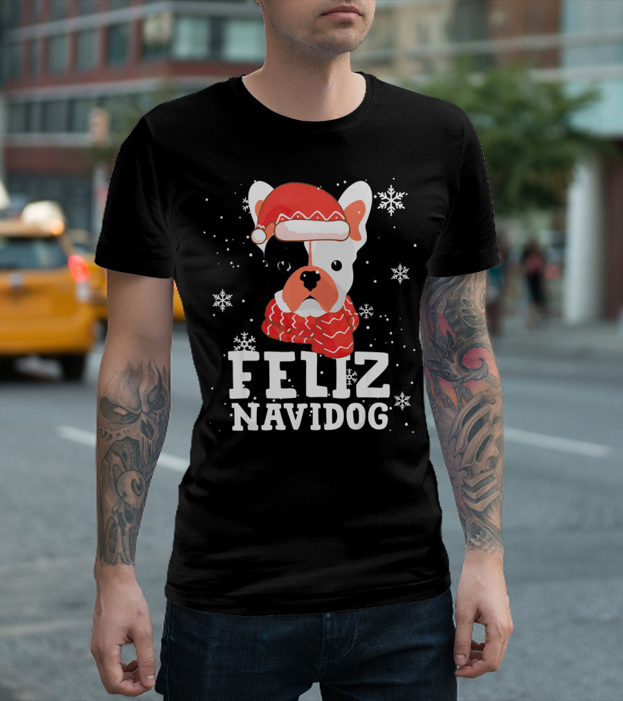 Feliz Navidog French Bulldog Christmas Snowflakes Santa Hat T-Shirt