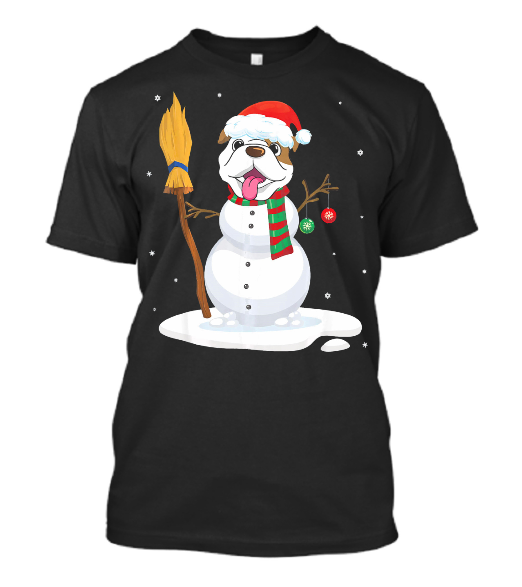 English Bulldog Snowman With Xmas Costume Snowflakes Broom Scarf Ornaments T-Shirt