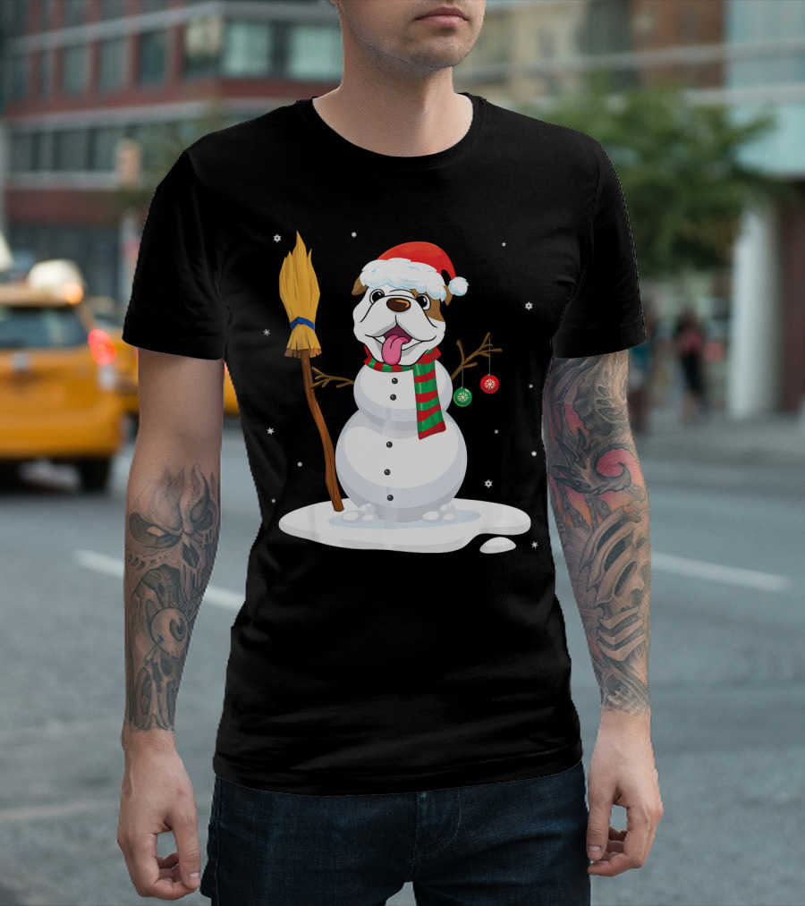 English Bulldog Snowman With Xmas Costume Snowflakes Broom Scarf Ornaments T-Shirt
