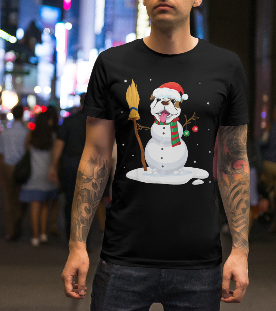 English Bulldog Snowman With Xmas Costume Snowflakes Broom Scarf Ornaments T-Shirt