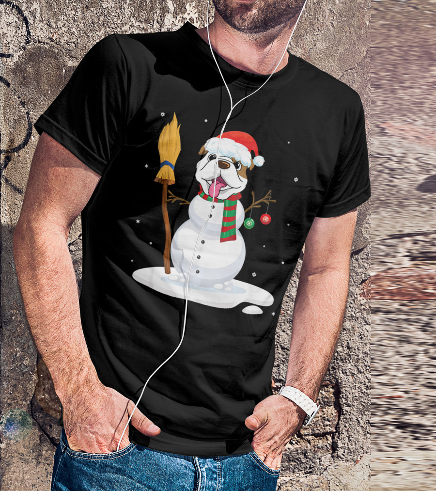 English Bulldog Snowman With Xmas Costume Snowflakes Broom Scarf Ornaments T-Shirt