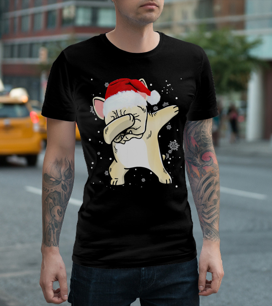 French Bulldog Dabbing Christmas Santa Hat with Snowflakes T-Shirt