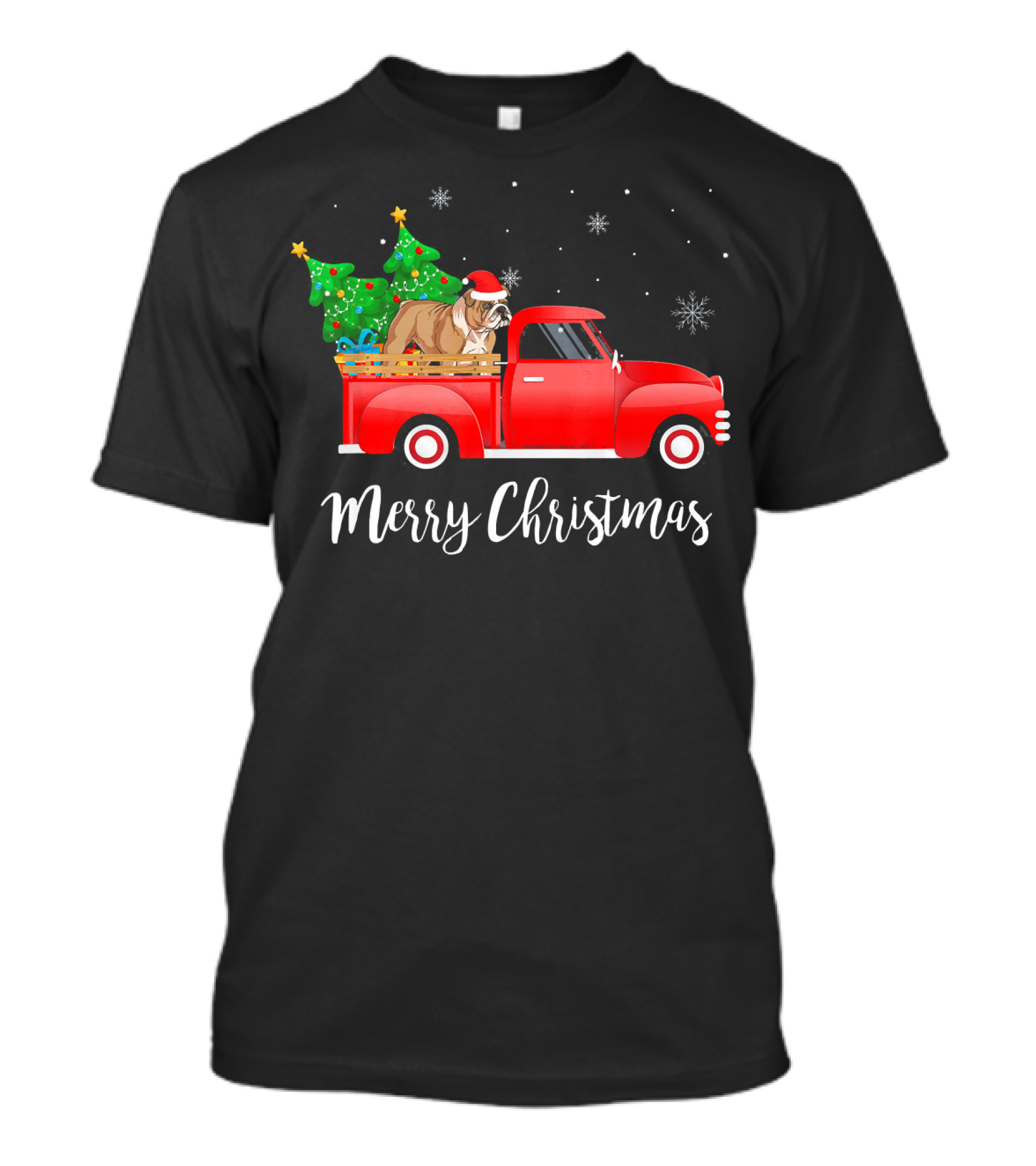 Merry Christmas English Bulldog Santa Hat Red Truck Tree T-Shirt