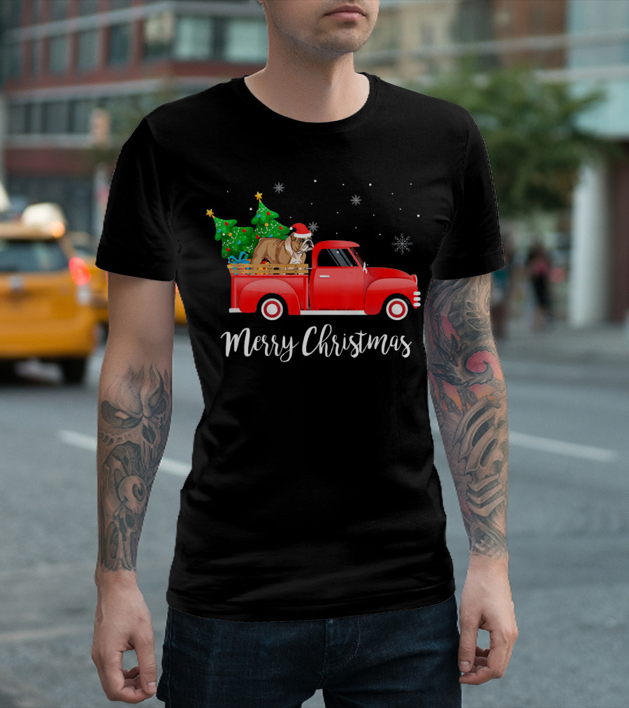 Merry Christmas English Bulldog Santa Hat Red Truck Tree T-Shirt