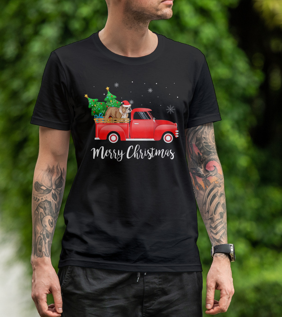 Merry Christmas English Bulldog Santa Hat Red Truck Tree T-Shirt
