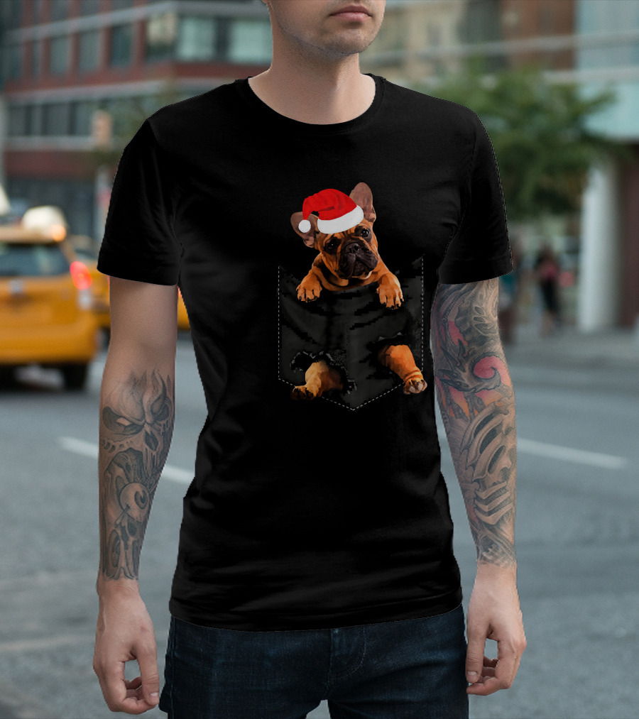 French Bulldog In Pocket Santa Hat Christmas T-Shirt