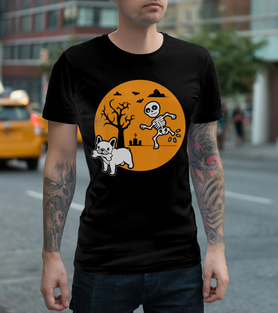 French Bulldog Bone Halloween Skeleton Scene T-Shirt