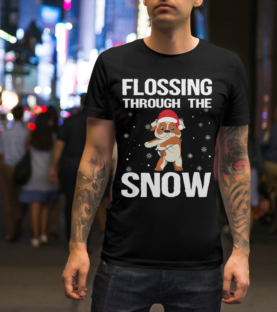 Flossing Through The Snow English Bulldog Xmas Santa Hat T-Shirt