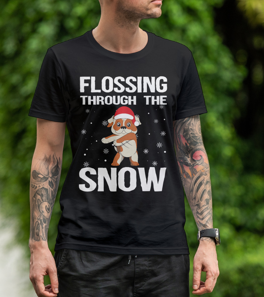 Flossing Through The Snow English Bulldog Xmas Santa Hat T-Shirt