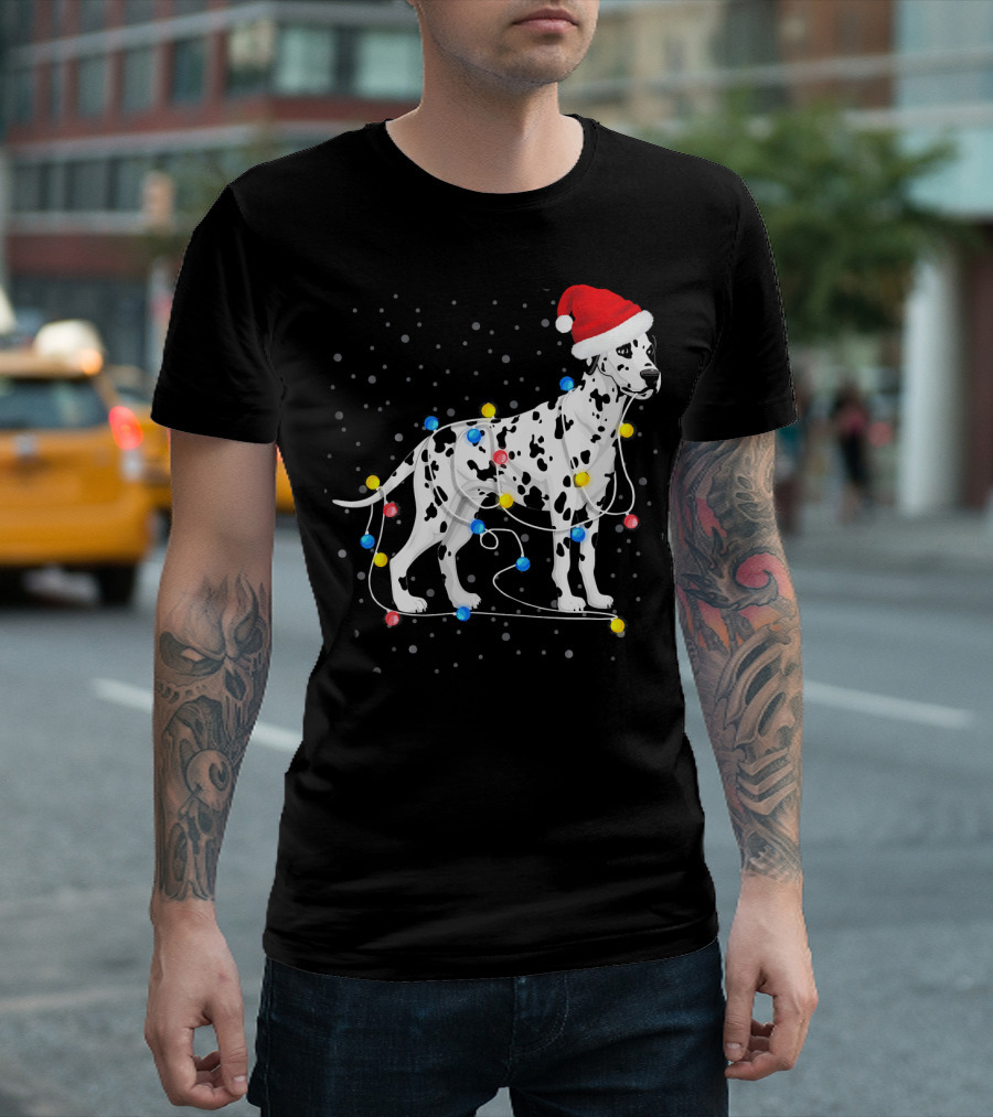 Dalmatian Wrapped In Colorful Christmas Lights With Santa Hat T-Shirt