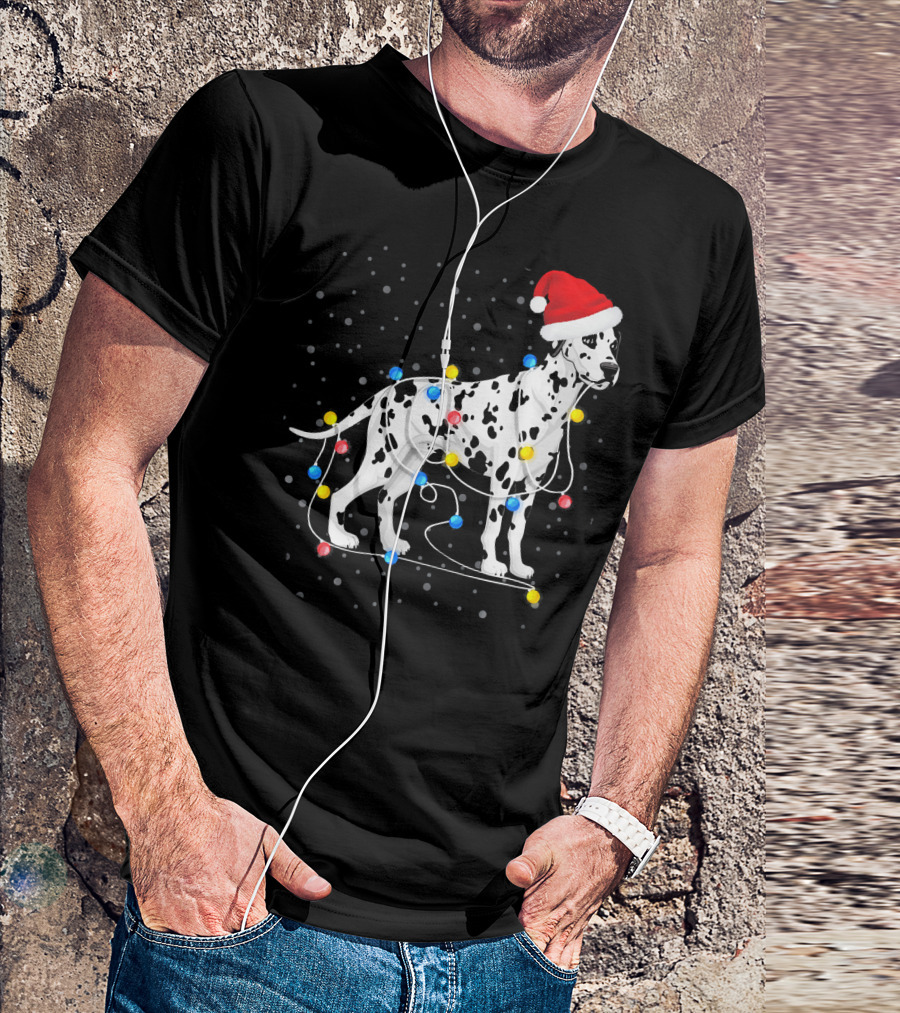 Dalmatian Wrapped In Colorful Christmas Lights With Santa Hat T-Shirt
