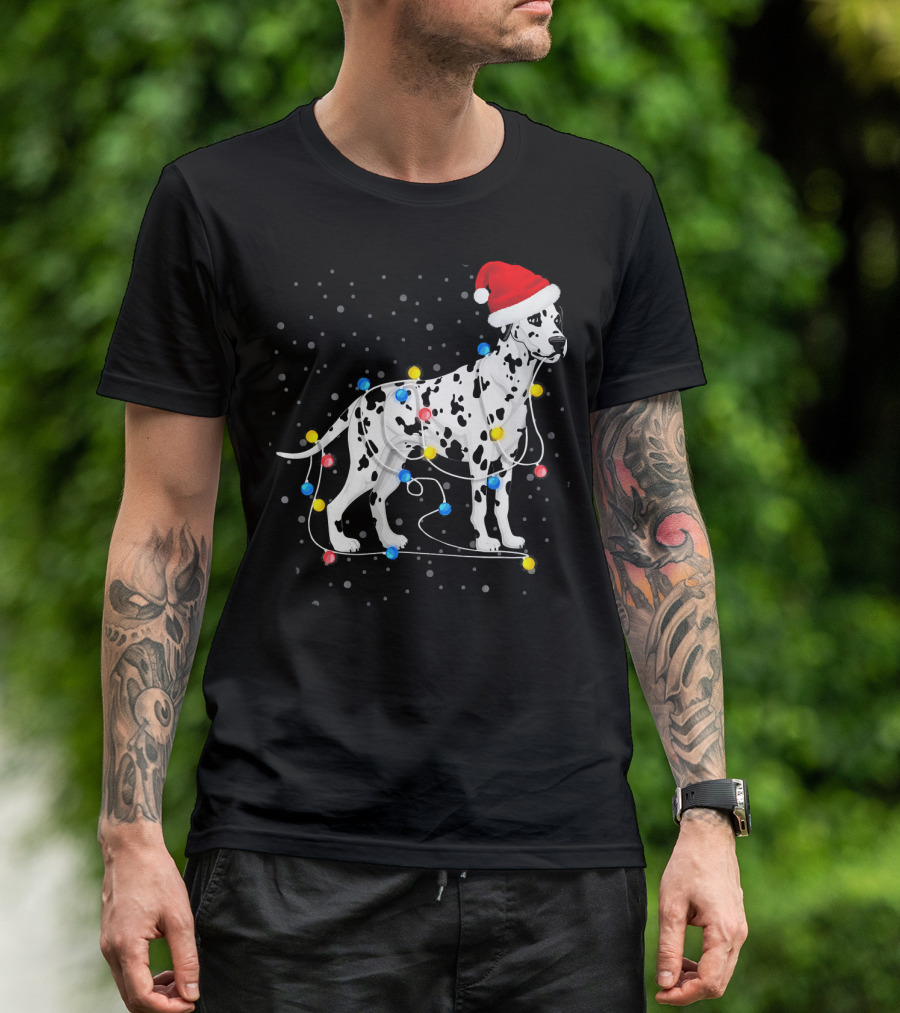 Dalmatian Wrapped In Colorful Christmas Lights With Santa Hat T-Shirt