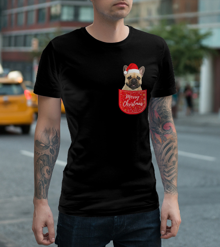 French Bulldog Merry Christmas Santa Hat Red Pocket T-Shirt