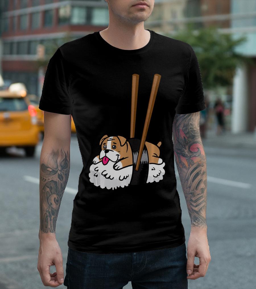 Funny Sushi Bulldog Rolls Playful English Bulldog Sushi Dog T-Shirt