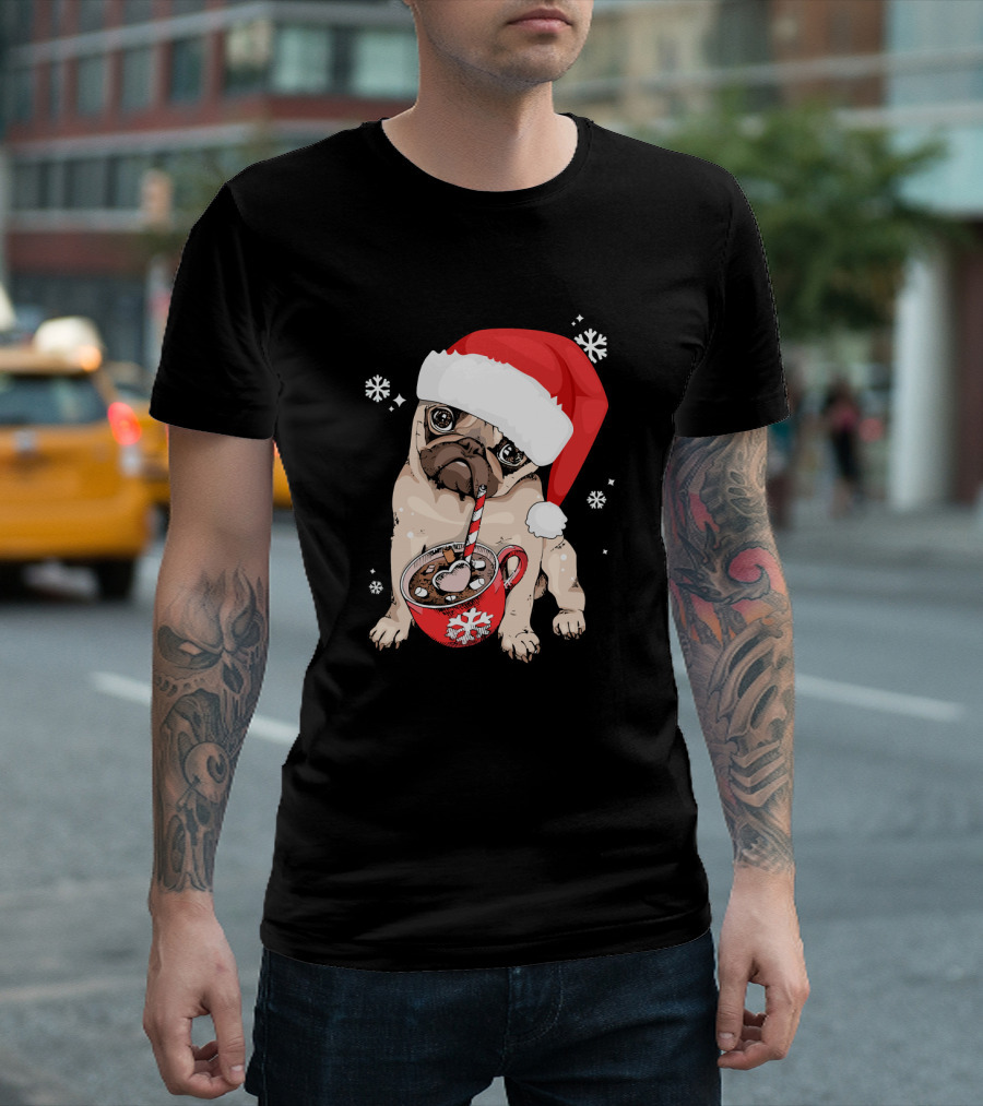 Funny Pug Christmas Santa Hat Hot Cocoa T-Shirt