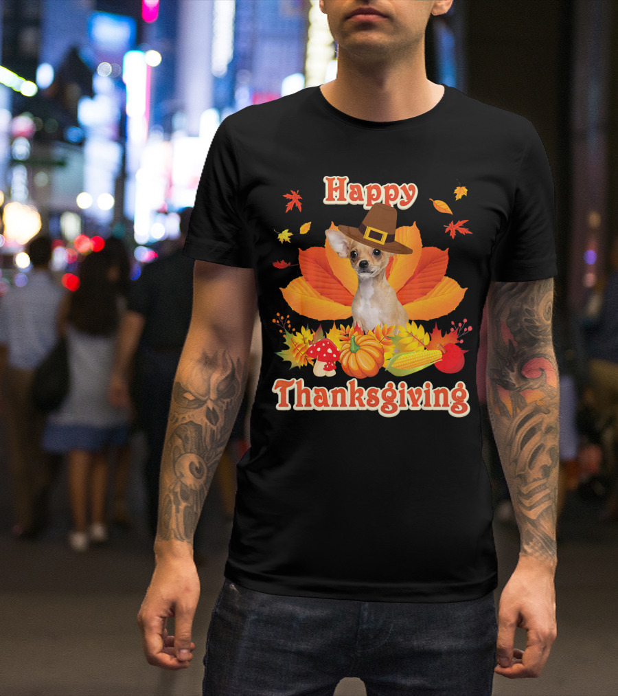 Happy Thanksgiving Chihuahua Dog Autumn Leaves Harvest T-Shirt