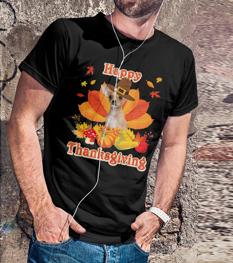 Happy Thanksgiving Chihuahua Dog Autumn Leaves Harvest T-Shirt