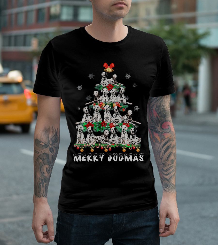 Merry Dogmas Dalmatian Christmas Tree with Festive Bow and Ornaments T-Shirt