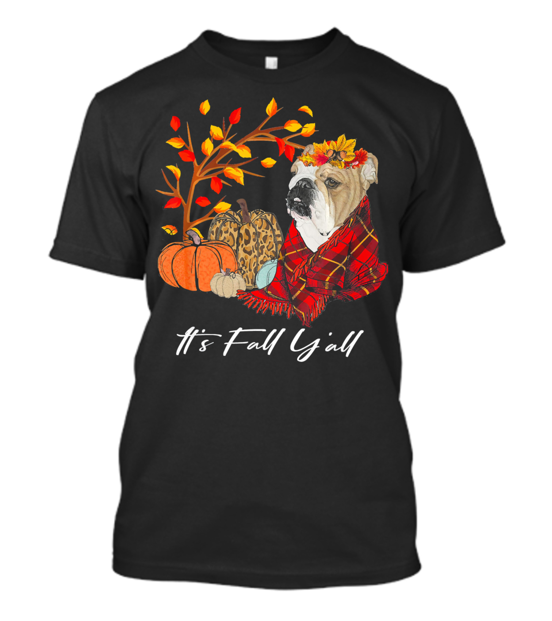 It's Fall Y'all Bulldog With Pumpkins And Autumn Leaves T-Shirt