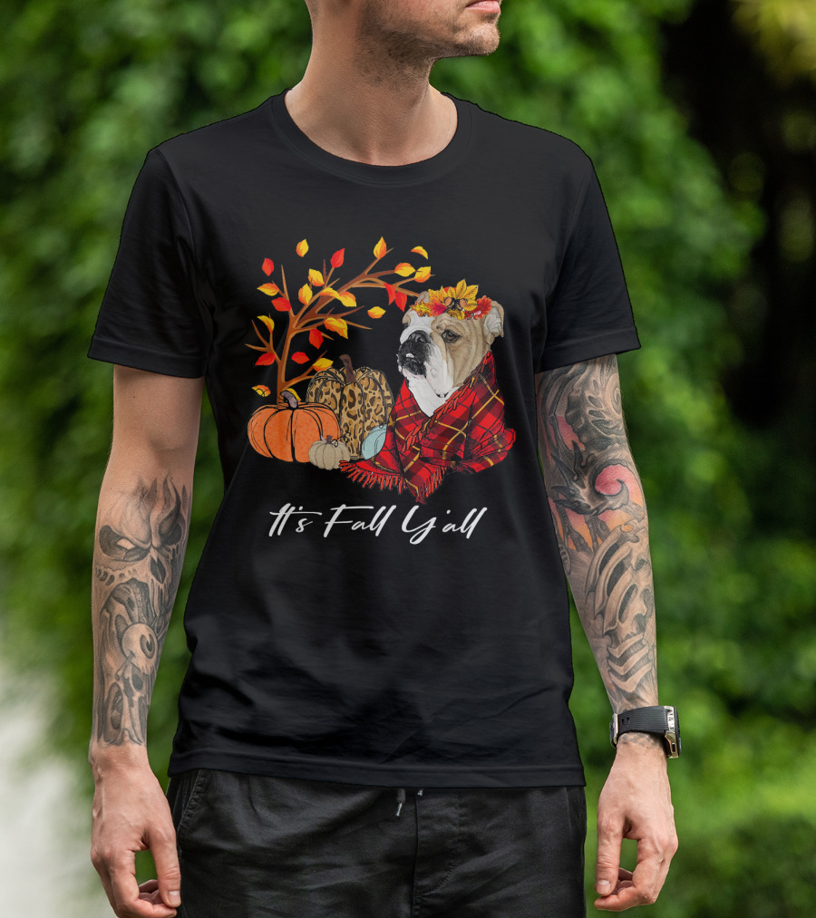 It's Fall Y'all Bulldog With Pumpkins And Autumn Leaves T-Shirt