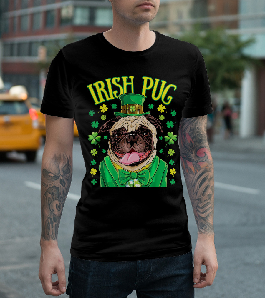 Irish Pug Leprechaun with Shamrocks St Patricks T-Shirt