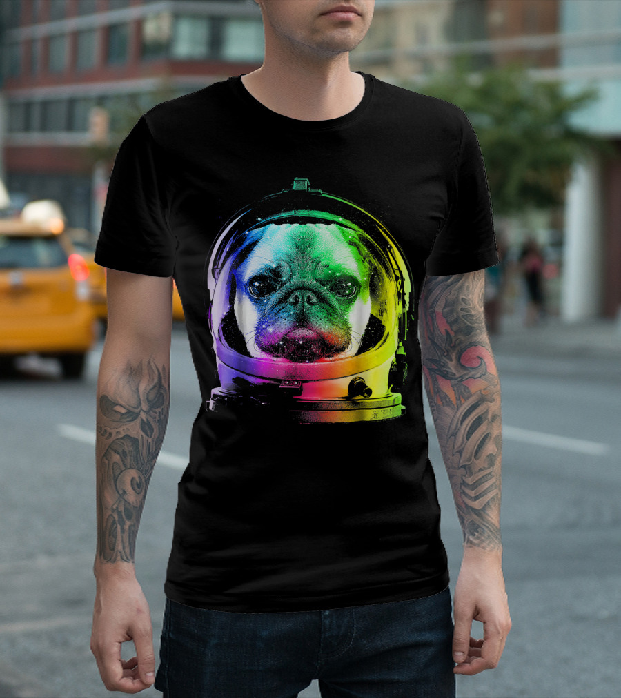 Pug Astronaut in Rainbow Space Helmet T-Shirt
