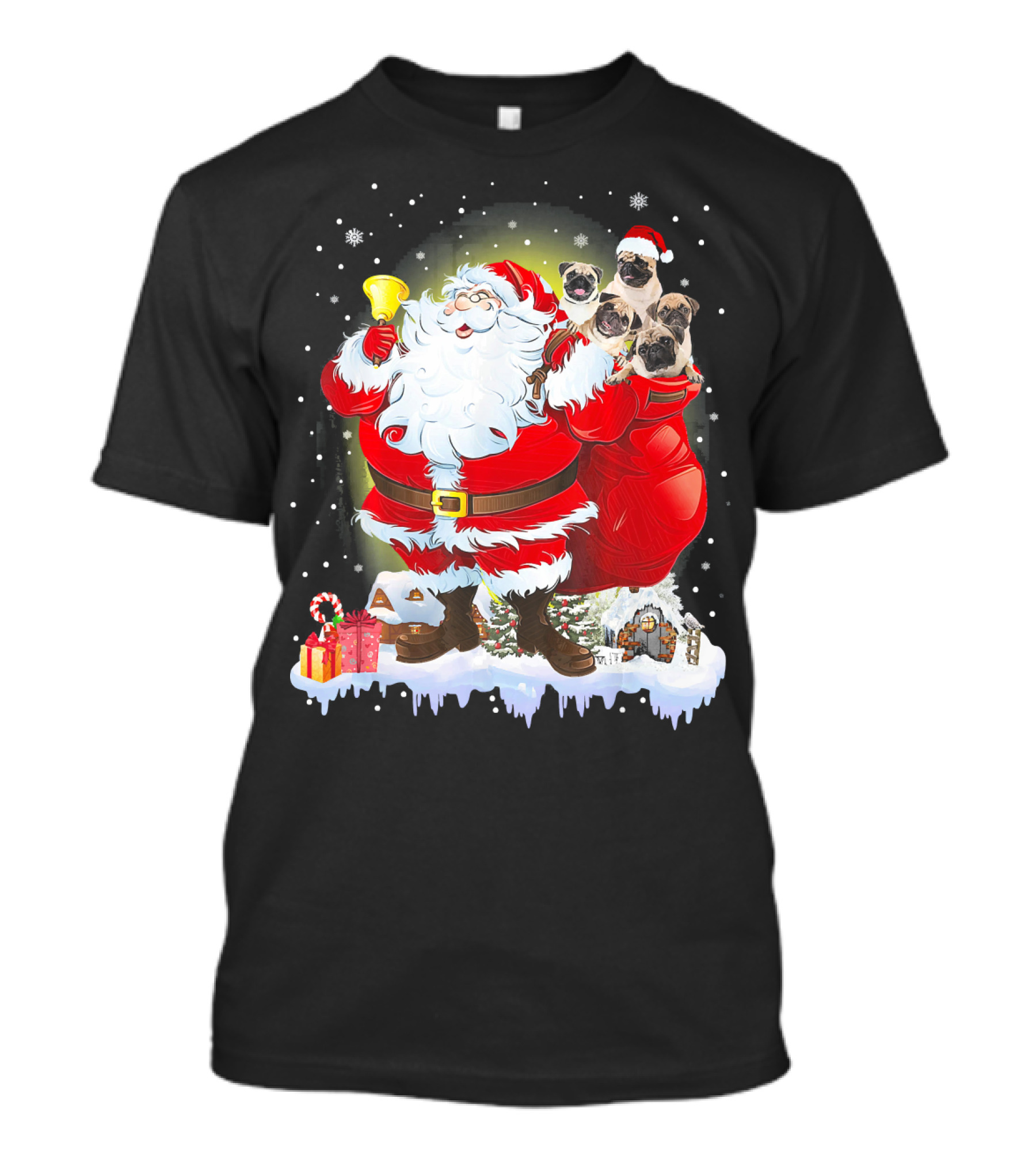Santa Claus With Bell And Pugs In Red Bag Snowy Scene T-Shirt
