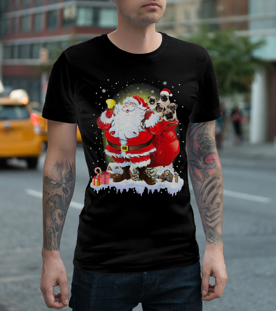 Santa Claus With Bell And Pugs In Red Bag Snowy Scene T-Shirt